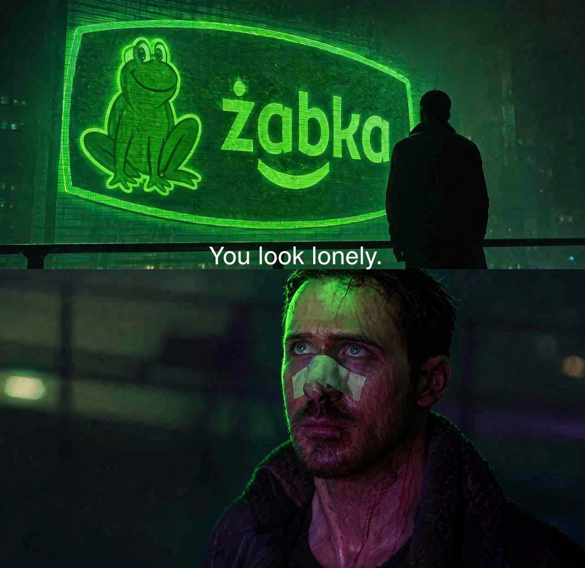 Blade Runner meme: a giant glowing Żabka sign says, You look lonely, to Ryan Gosling.